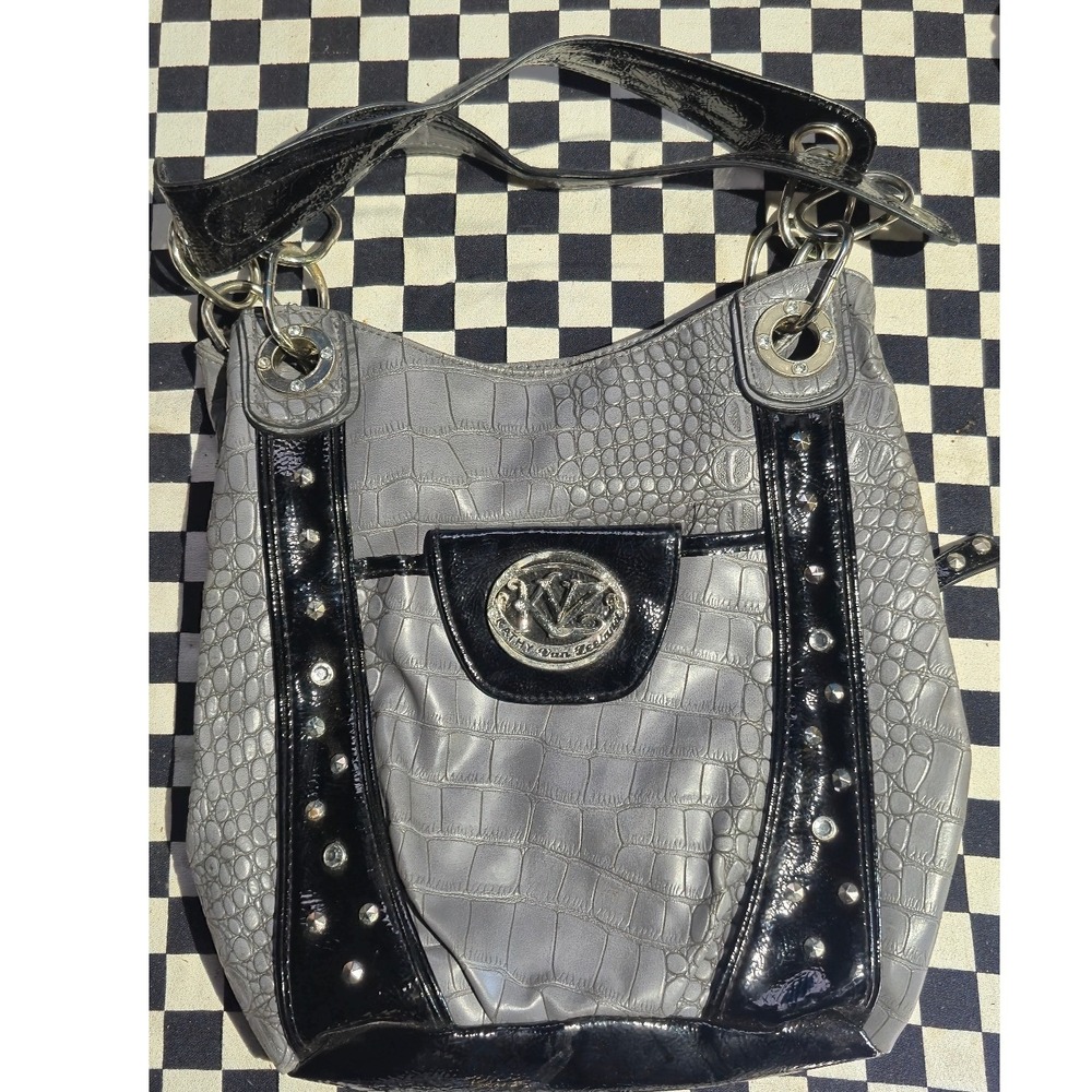 Kathy Van Zeeland Grey Croc Embossed Hobo Bag Black Patent Trim Studded Y2K